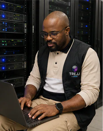 Emmanuel Corels working on infrastructure in a modern server room