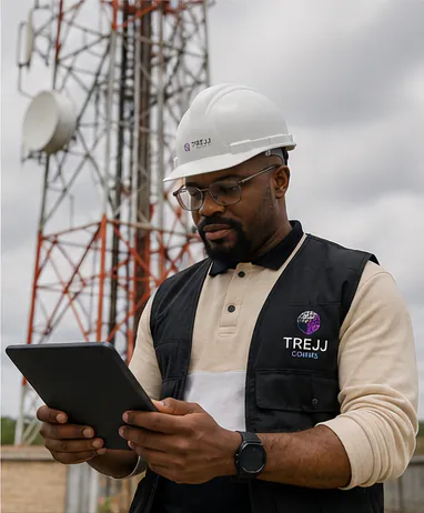 Emmanuel Corels inspecting telecommunications infrastructure at a network tower